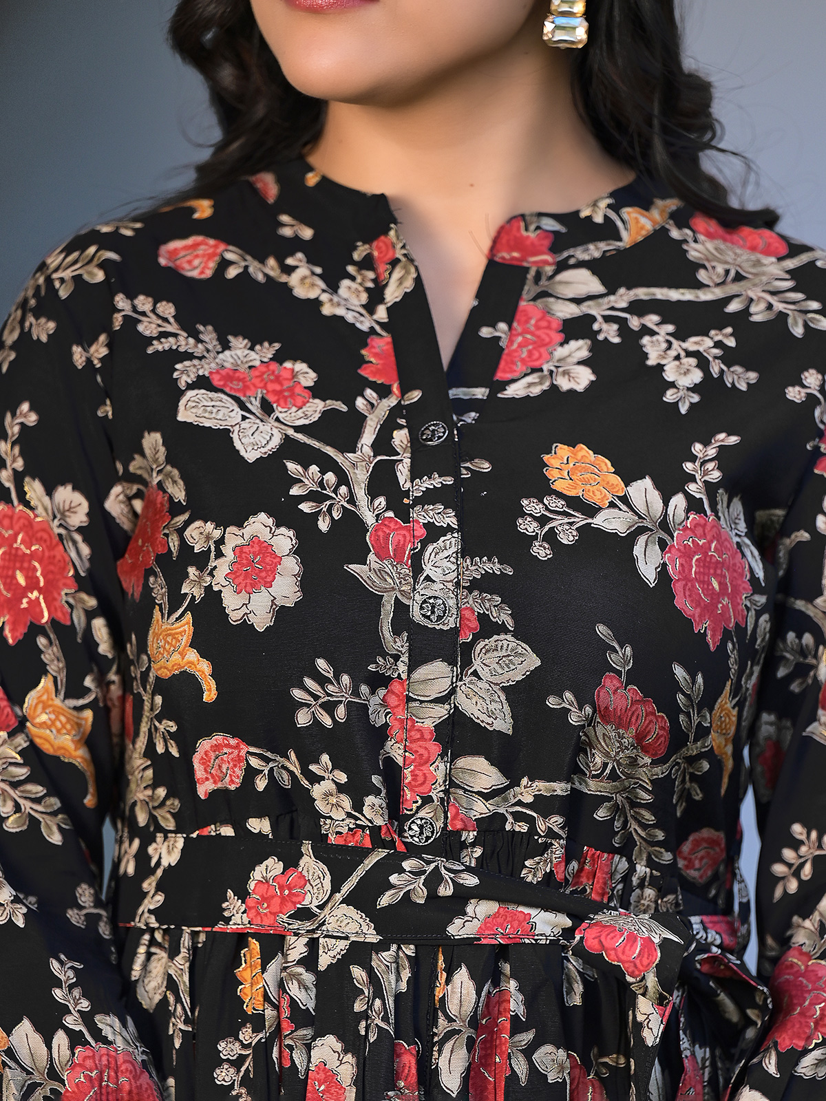 Twara black floral motifs printed & neck floral design embroidered 3/4th  sleeve frill collar layered kurti