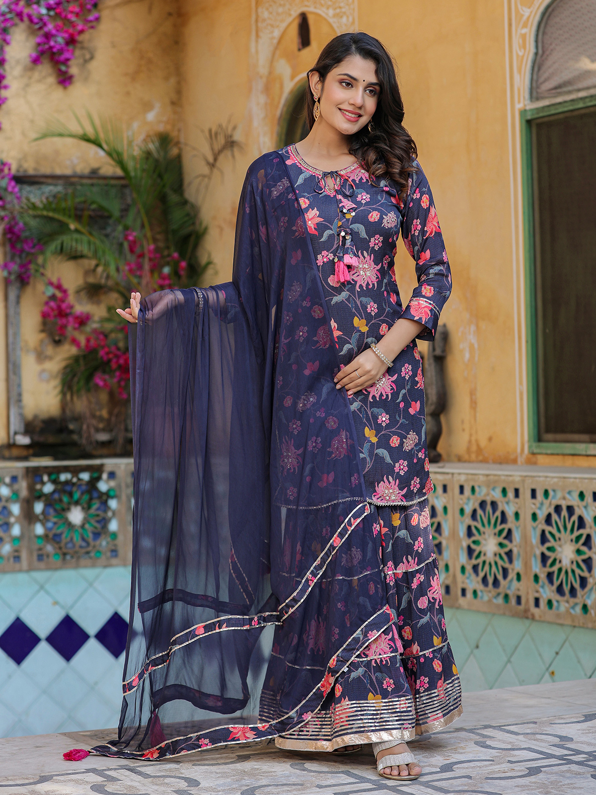 Embroidered Chinon Silk Sharara Suit in Pista - Ucchal Fashion