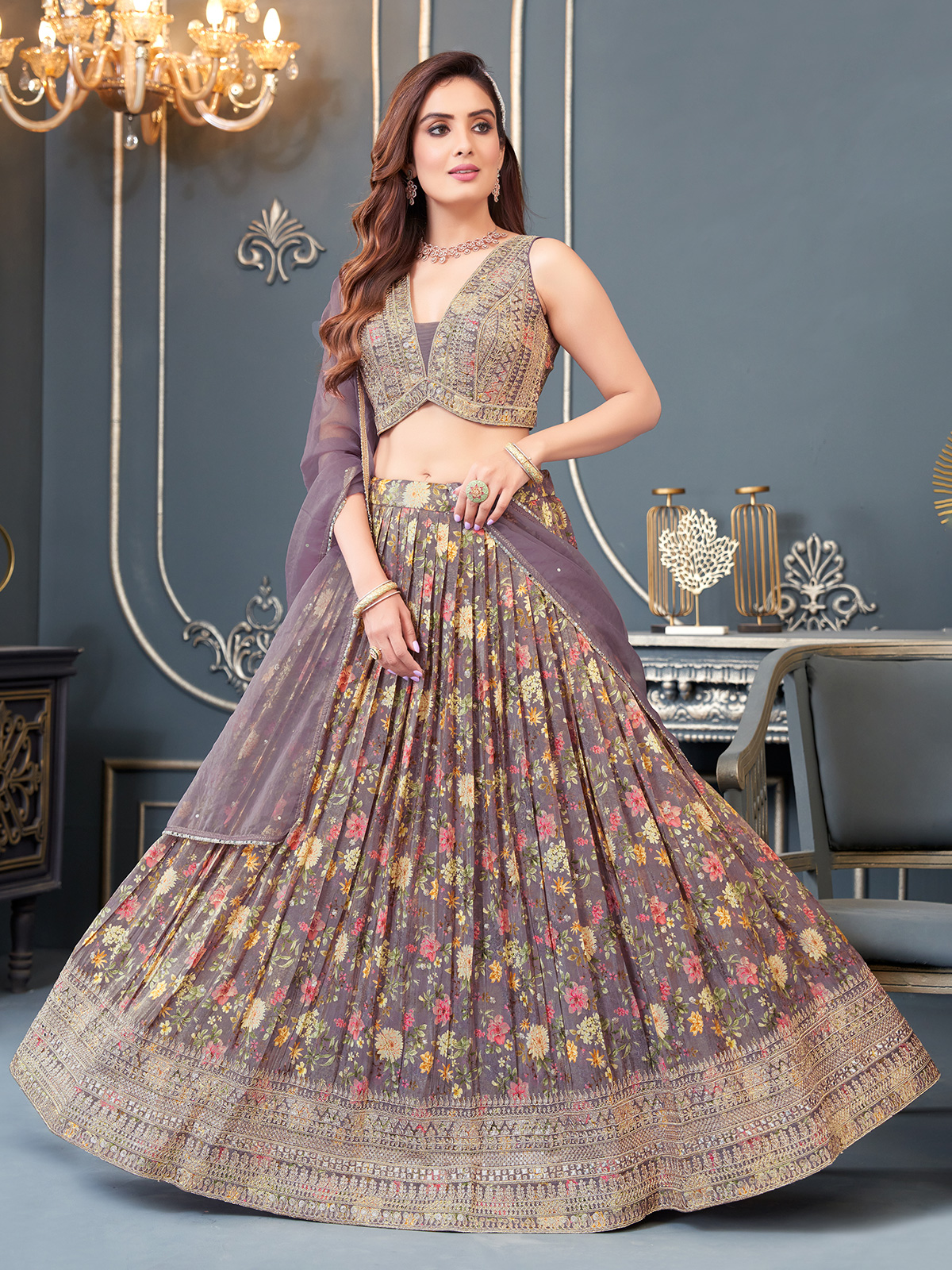 Buy Online White Floral Print Silk Lehenga with Green Embroidered Blouse –  Pure Elegance