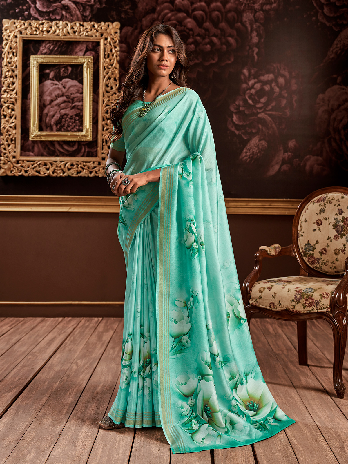 Silk Saree with blouse in Sea green colour 5305