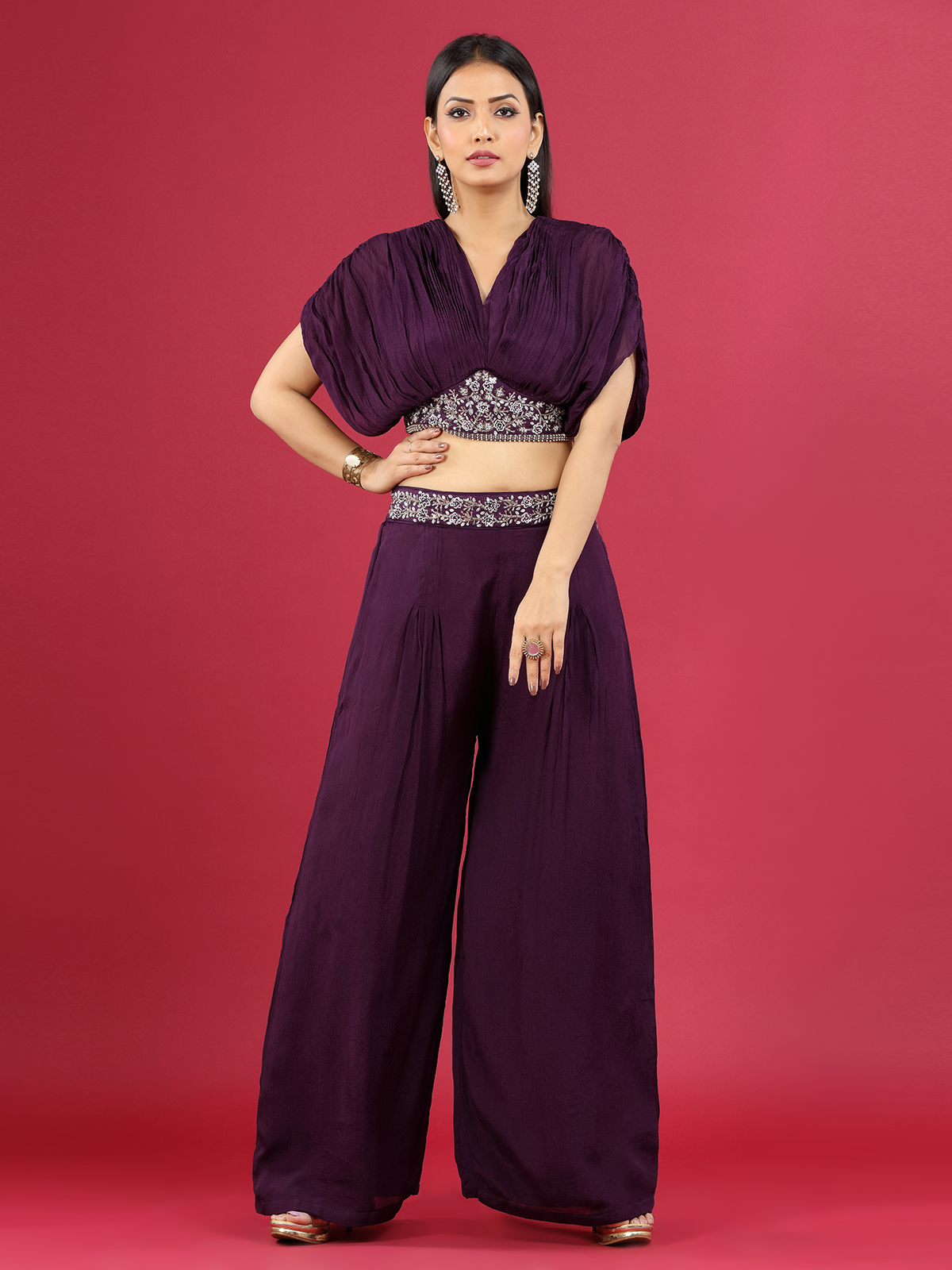 Georgette purple crop top with palazzo - G3-WSS40264
