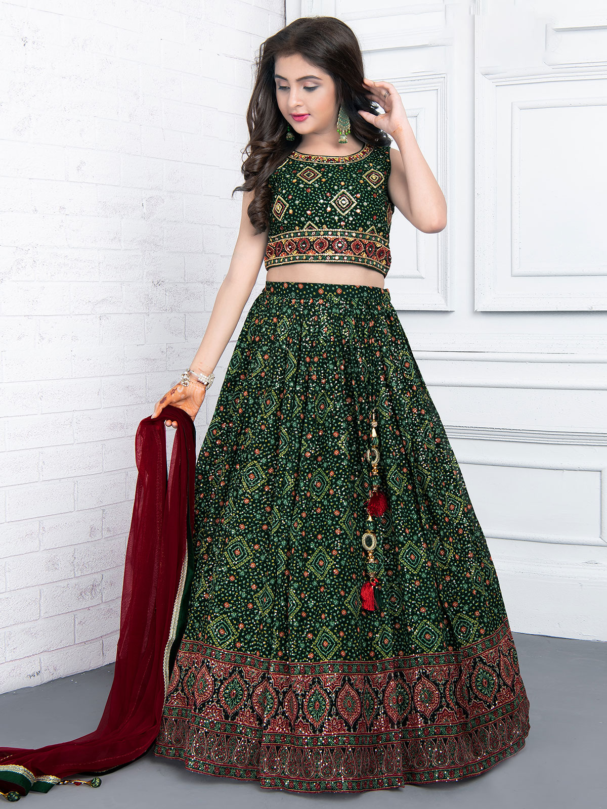 Odette Women Bottle Green Georgette Printed Semi Stitched Lehenga With