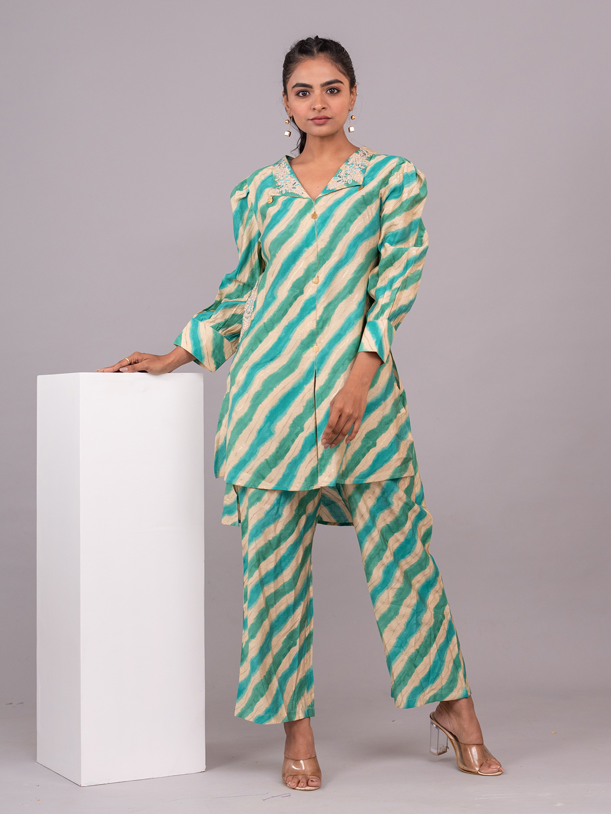 Green and blue stripe cotton co ord set - G3-WCS15242