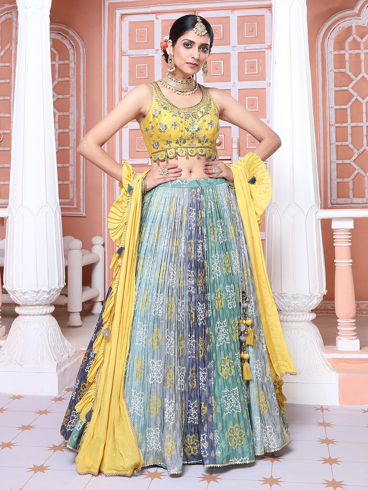 Buy Redefined Green and Yellow Georgette Embroidered Lehenga Choli | Buy  online at Inddus.com. | Lehenga choli online, Lehenga choli, Lehenga