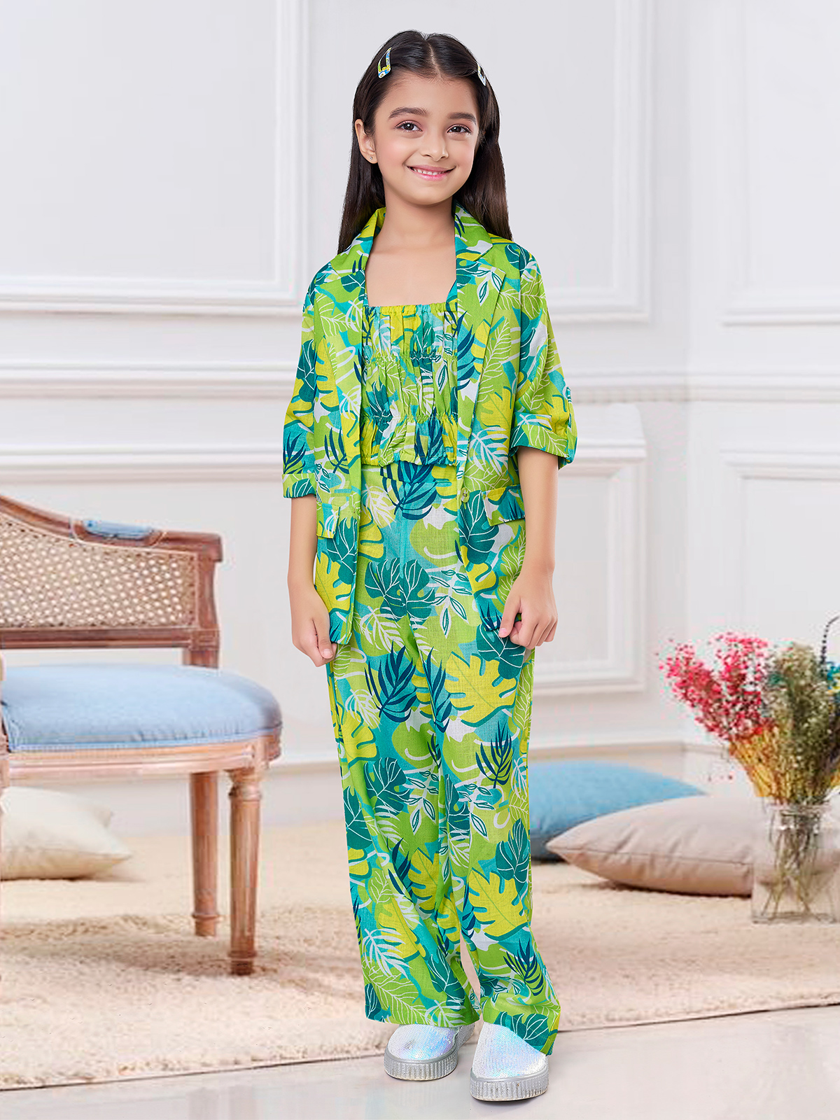 Green printed jacket style co ord set - G3-GCC83