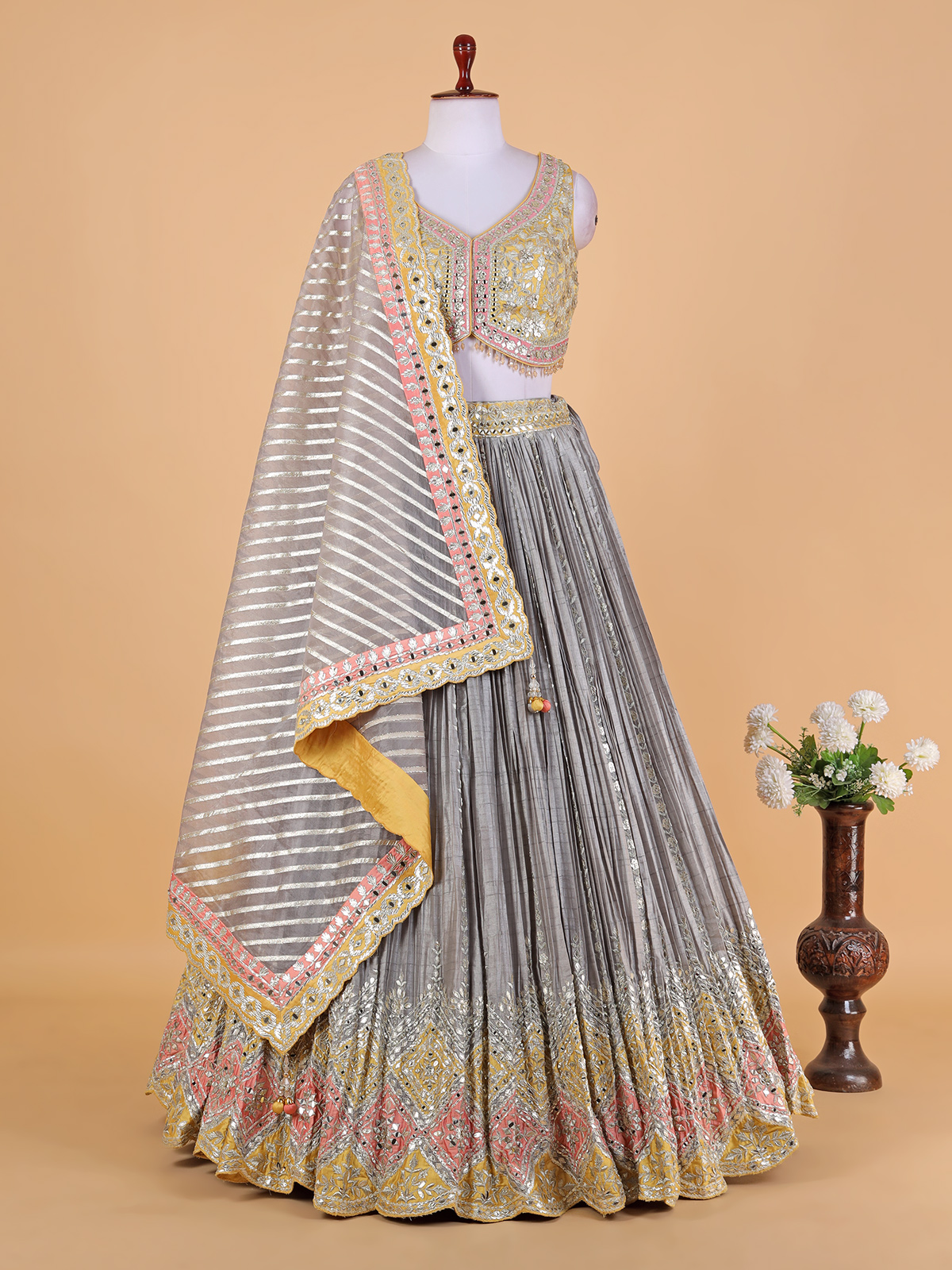 Buy Grey Chanderi Silk And Glitter Net Woven & Zeenat Lehenga Set For Women  by Rishi & Vibhuti Online at Aza Fashions.