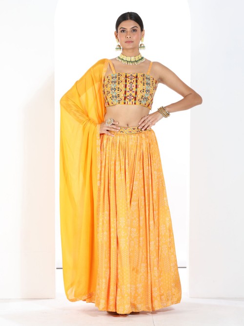 Girl's Yellow Printed Lehenga Choli And Organza Dupatta - Fayon Kids –  Trendia