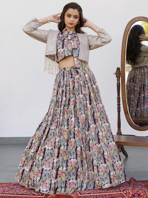 Appealing Grey Color Partywear Georgette With Embroidery Work Jacket Style  Lehenga