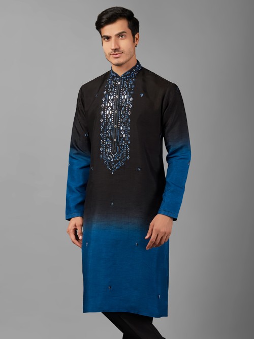 Black and blue shaded silk kurta suit