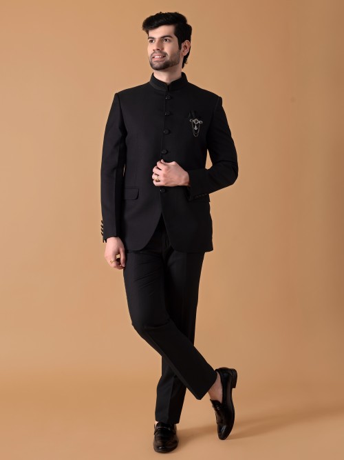 Black plain terry rayon jodhpuri suit