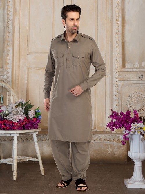 Classic khaki cotton pathani suit