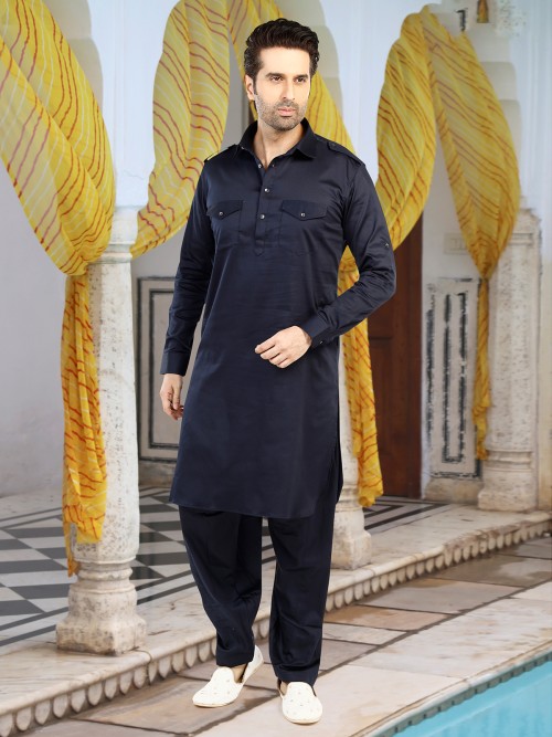 Elegant navy cotton pathani suit