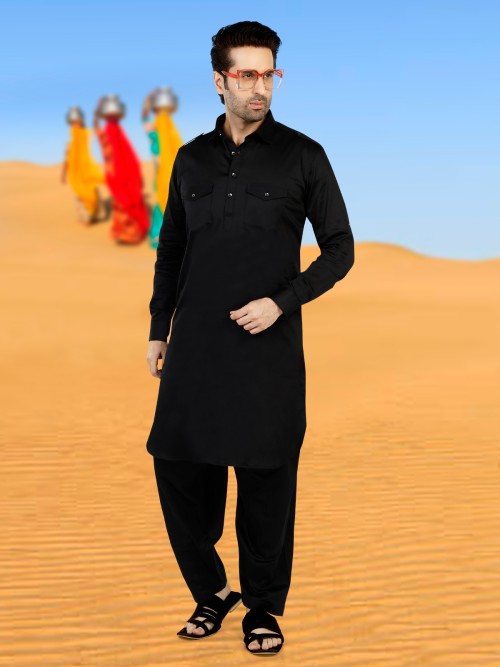 Classic black cotton pathani suit