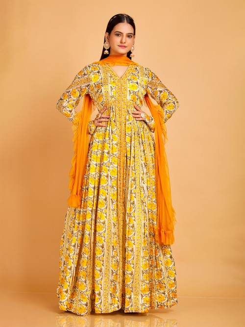 Shop Mustard Yellow Pure Chanderi Silk Zari Work Anarkali Suit Party Wear  Online at Best Price | Cbazaar