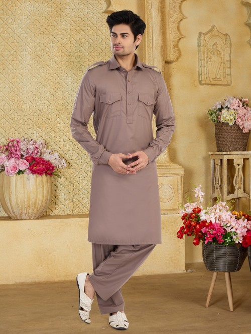 Cotton light brown plain pathani suit