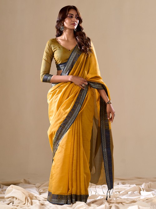 Yellow plain cotton saree