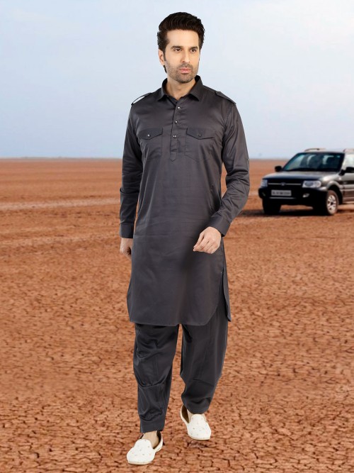 Dark grey plain cotton pathani suit