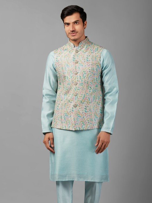 Trendy silk sky blue waistcoat set