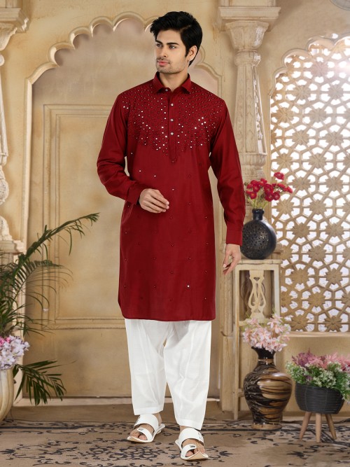 Stunning maroon cotton pathani suit
