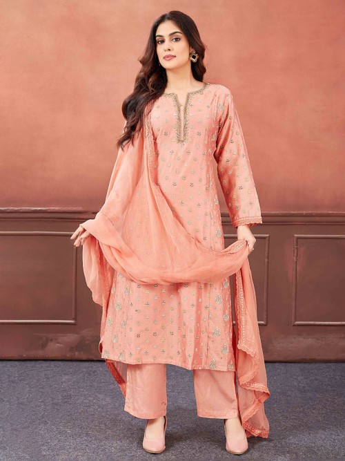 Trendy peach silk salwar suit for festive