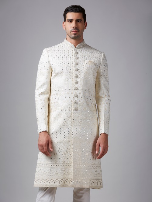 Stunning raw silk off-white groom sherwani