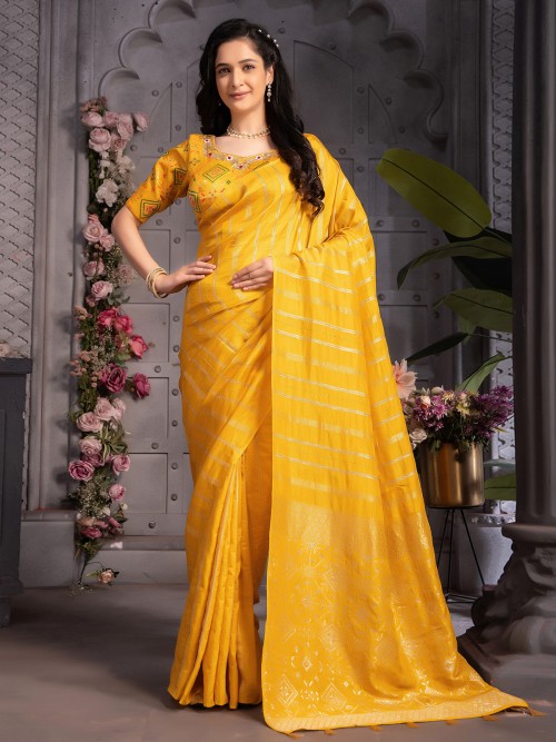 Beautiful yellow dola silk saree