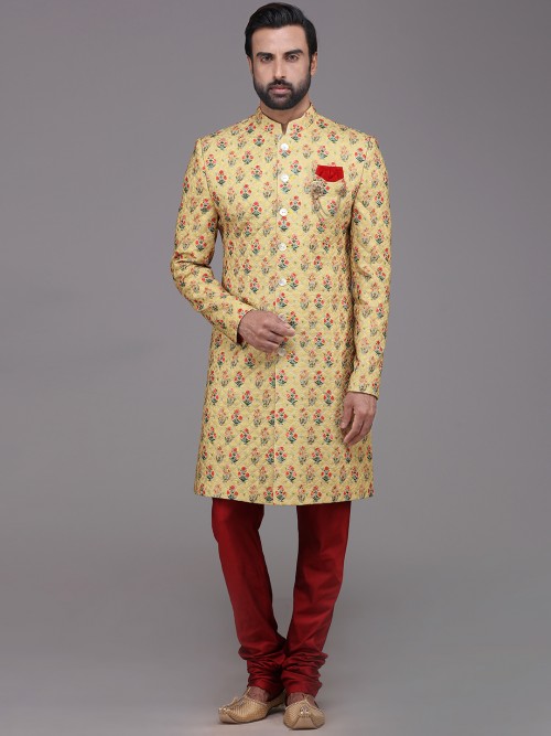 Buy Dupion Silk Fancy Blue and Yellow Indo Western Sherwani Online