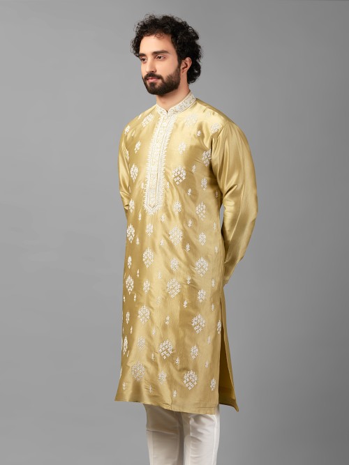 Gold color silk embroidery kurta suit