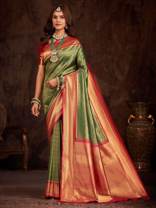 Green silk banarasi saree with contrast border