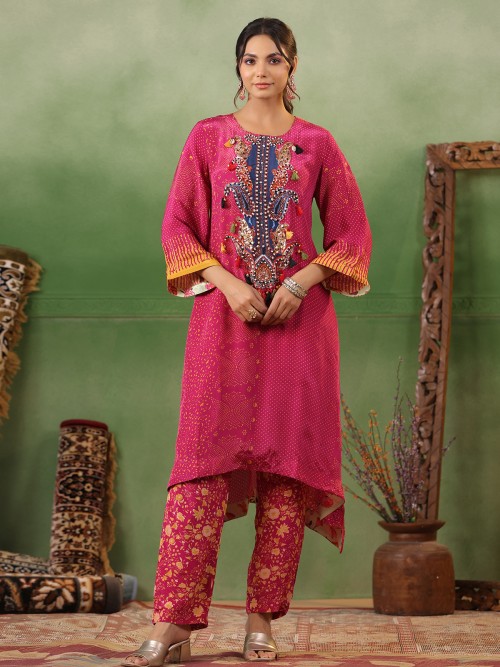 Dark pink silk printed kurti with pant
