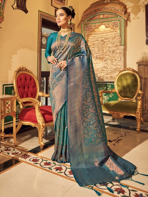 Stunning rama blue soft silk saree