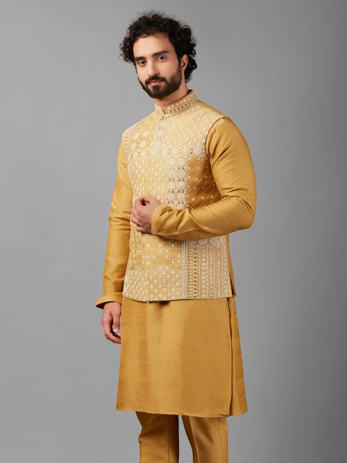 Trendy mustard yellow silk waistcoat set
