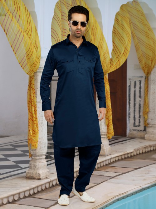 Cotton teal blue plain pathani suit