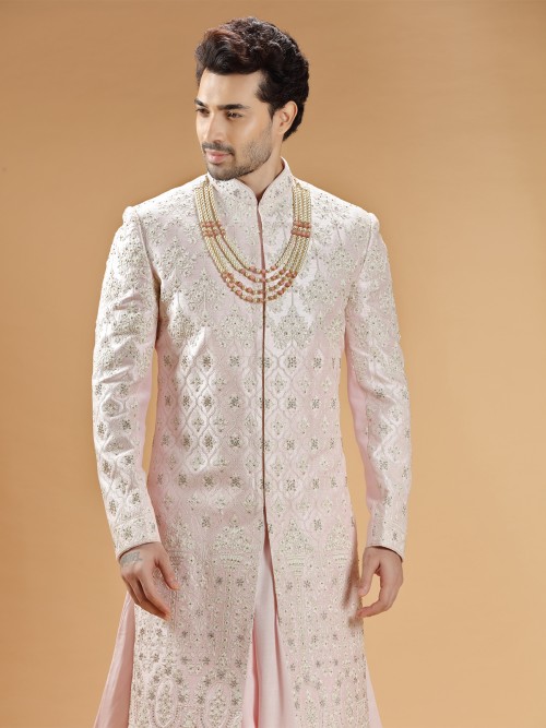 Elegant light pink raw silk groom sherwani