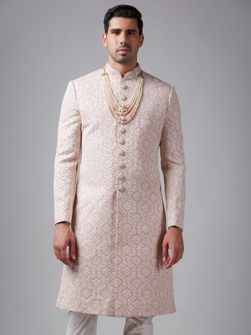 Trendy light pink silk embroidery sherwani