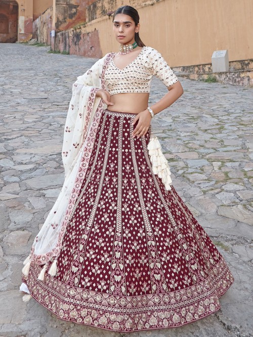 White Color Designer Lehenga Choli in Georgette With Sequence Embroidery in  USA, UK, Malaysia, South Africa, Dubai, Singapore