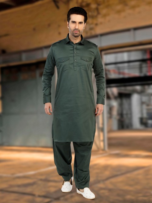 Moss green plain cotton pathani suit