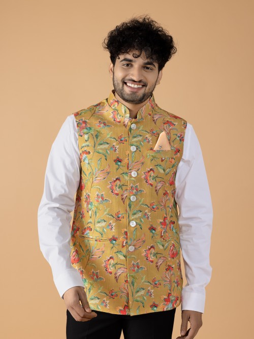 Mustard yellow floral printed waistcoat