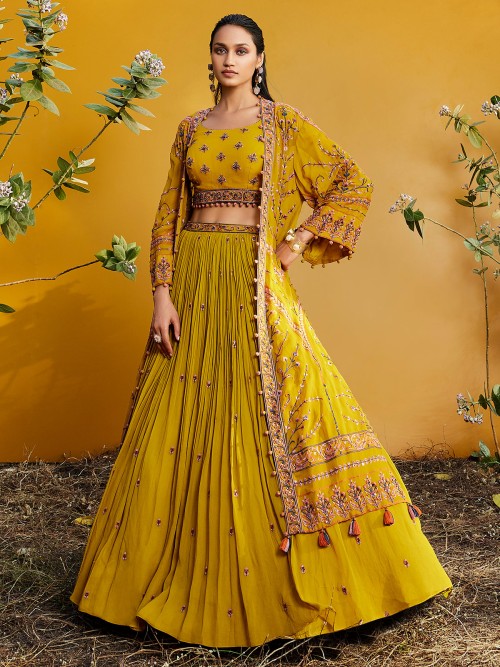 Buy Yellow Cotton Embroidered Lehenga Choli Online : UAE -