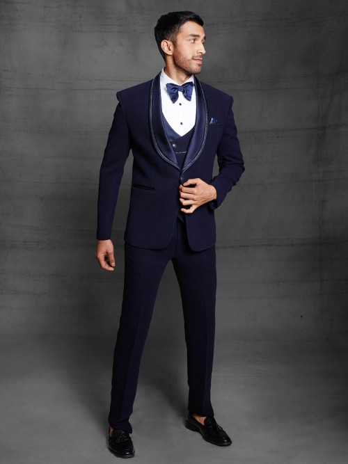 Navy Terry Rayon Party Wear Tuxedo Coat Suit