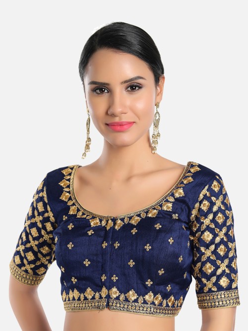 Navy embroidery silk blouse