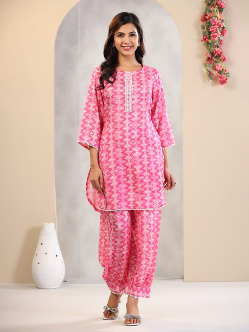 Pink cotton printed casual co ord set