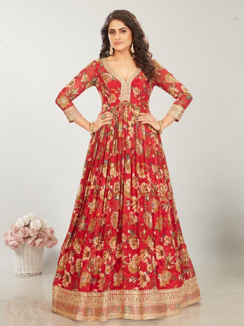 Latest red silk printed anarkali suit