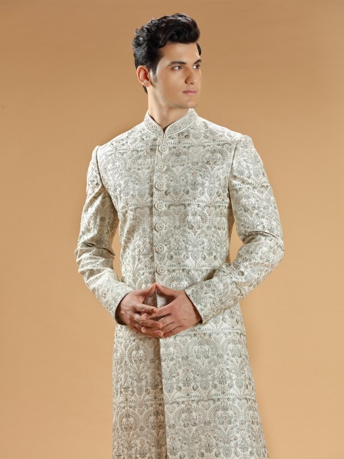 Designer off white raw silk sherwani
