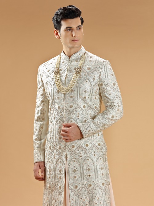 Off white premium raw silk groom sherwani