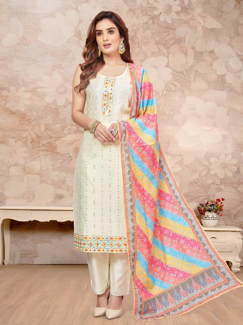 Off white suit outlet with pink dupatta