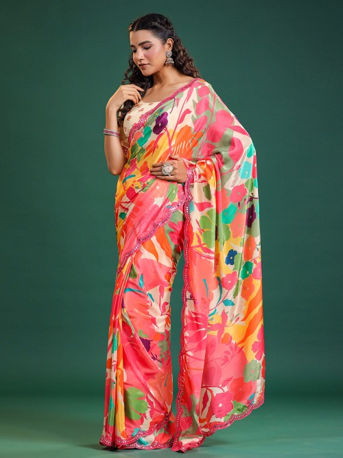 Pink and cream printed muslin silk saree