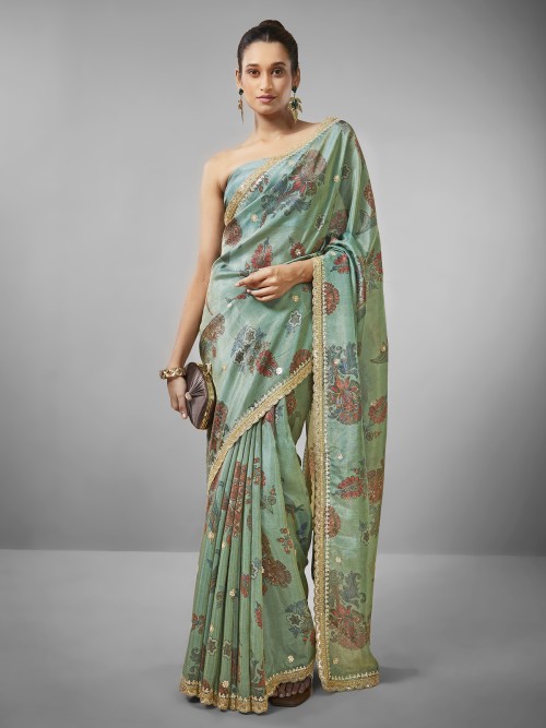 Pista green tissue silk floral printed saree