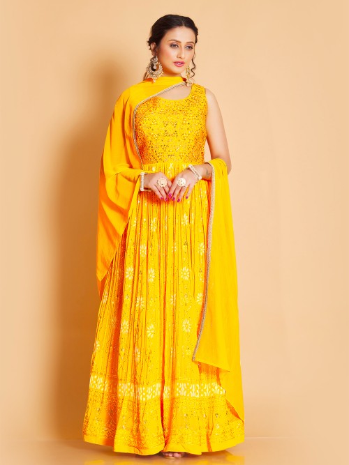 Yellow Georgette Printed Anarkali Suit