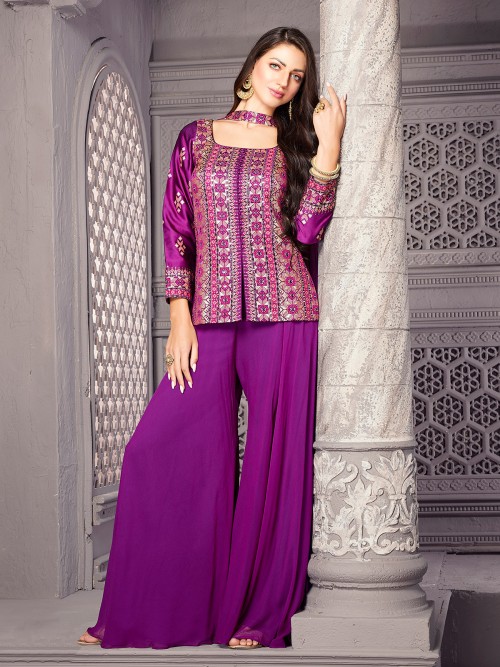 Buy Purple Embroidered Silk Blend Straight Kurta With Palazzos & Dupatta  Online at Rs.2649 | Libas